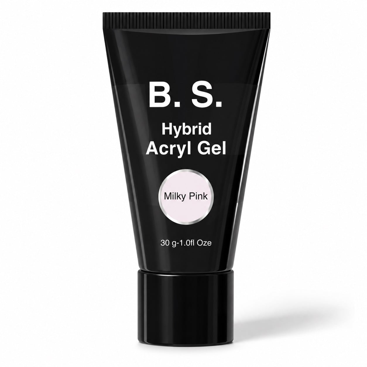 Σωληνάριο B.S. Hybrid Acryl Gel Milky Pink 30g σε μαύρη συσκευασία, απαλό γαλακτώδες ροζ άκρυτζελ για χτίσιμο και επιμήκυνση νυχιών