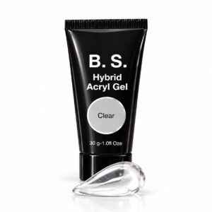 Διάφανο ακρυτζέλ B.S. Hybrid Acryl Gel Clear 30 g, με δείγμα του διάφανου υλικού μπροστά από το σωληνάριο.