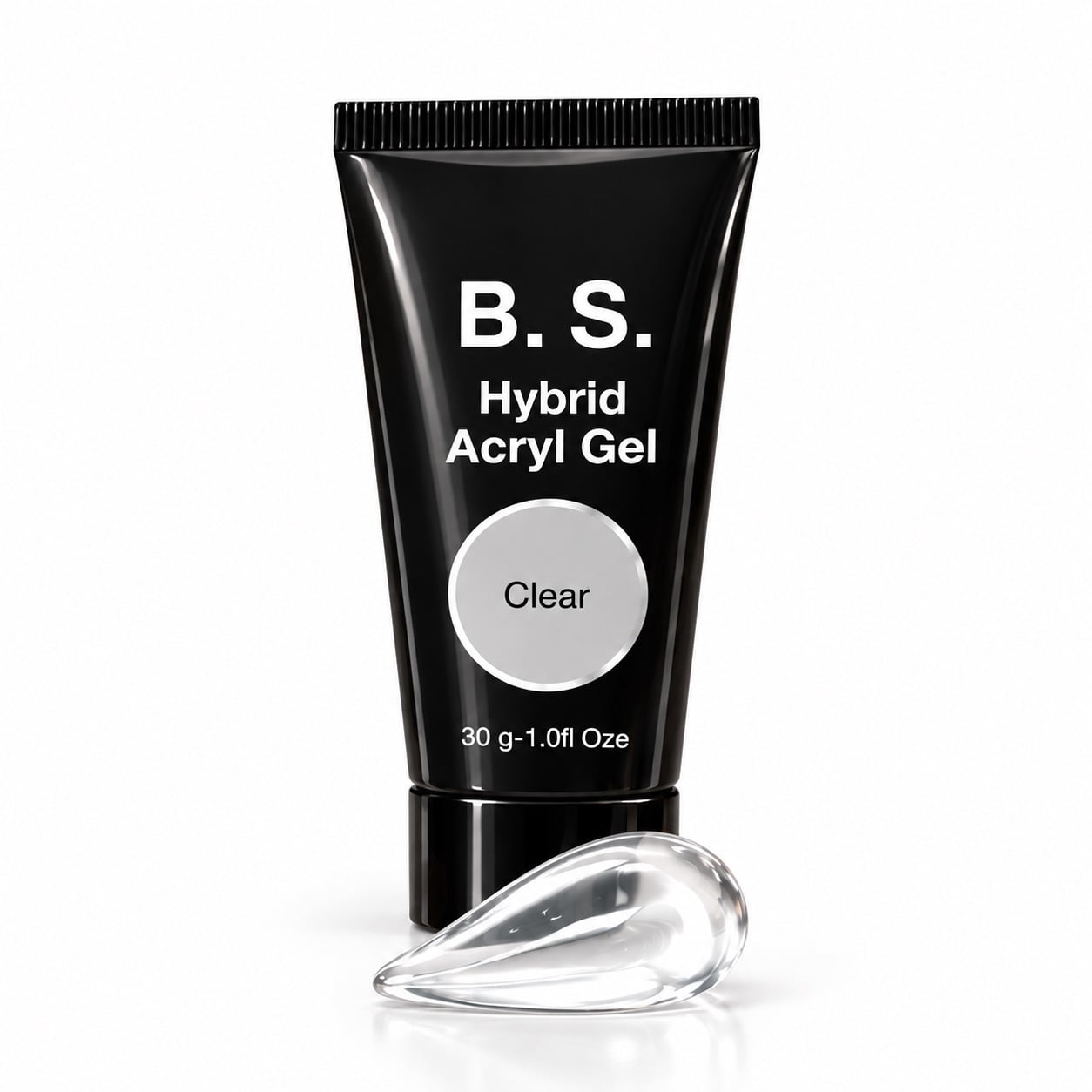Διάφανο ακρυτζέλ B.S. Hybrid Acryl Gel Clear 30 g, με δείγμα του διάφανου υλικού μπροστά από το σωληνάριο.