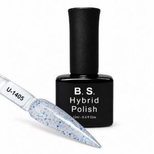 B.S. Hybrid Polish 1405 – διάφανο με μπλε glitter, ημιμόνιμο βερνίκι 12 ml με βαμμένο δείγμα νυχιού