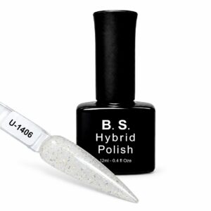 B.S. Hybrid Polish 1406 – διάφανο με ιριδίζον glitter, ημιμόνιμο βερνίκι 12 ml με βαμμένο δείγμα νυχιού
