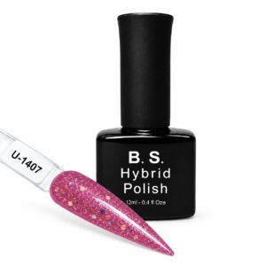 B.S. Hybrid Polish 1407 – ροζ με glitter, ημιμόνιμο βερνίκι 12 ml με βαμμένο δείγμα νυχιού