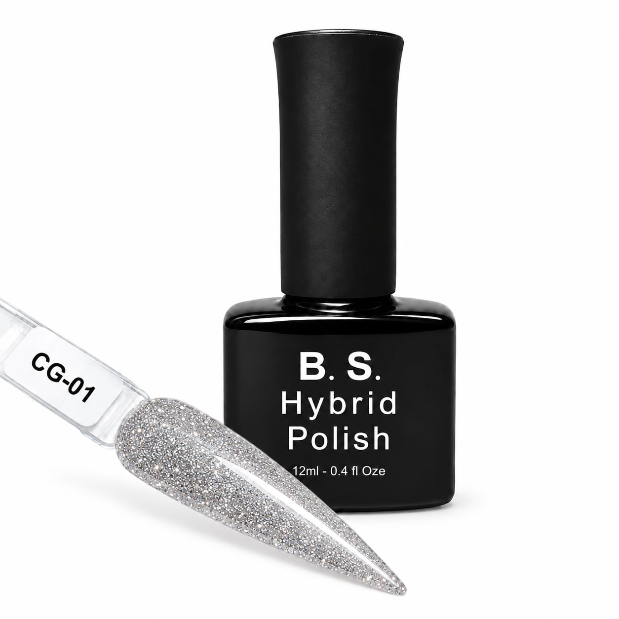 B.S. Hybrid Polish CG-01 – ασημί, flash gel 12 ml με βαμμένο δείγμα νυχιού