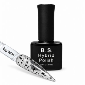 B.S. Hybrid Polish Egg Gel 01, διάφανο με μαύρες νιφάδες ημιμόνιμο βερνίκι 12 ml με βαμμένο δείγμα νυχιού