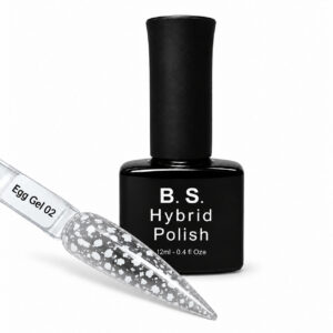 B.S. Hybrid Polish Egg Gel 02, διάφανο με λευκές νιφάδες ημιμόνιμο βερνίκι 12 ml με βαμμένο δείγμα νυχιού