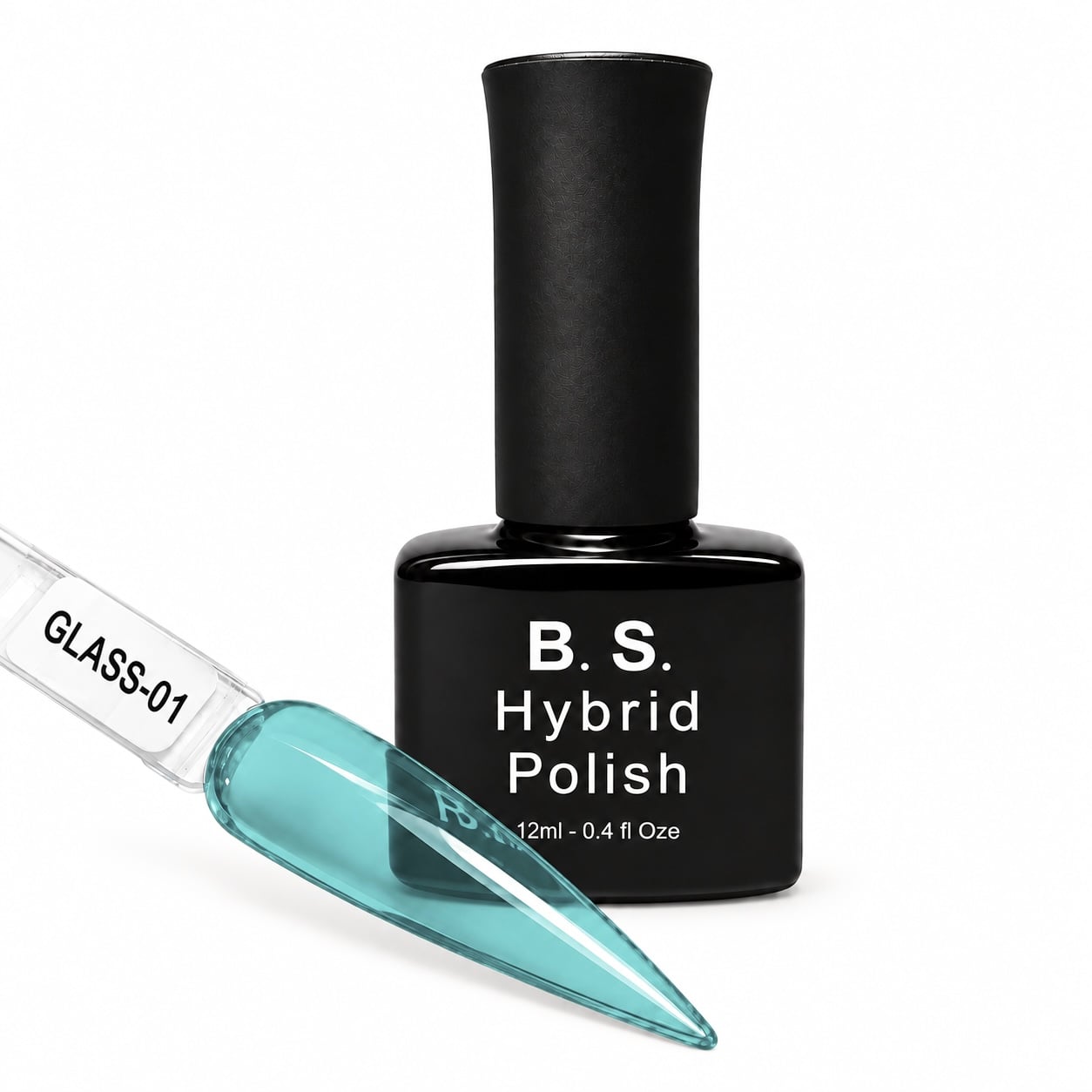 B.S. Hybrid Polish Glass-01, διάφανο τιρκουάζ ημιμόνιμο βερνίκι 12 ml με βαμμένο δείγμα νυχιού