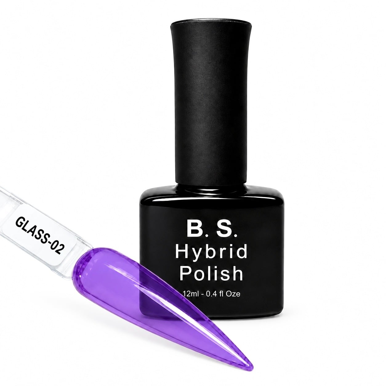 B.S. Hybrid Polish Glass-02, διάφανο μωβ ημιμόνιμο βερνίκι 12 ml με βαμμένο δείγμα νυχιού