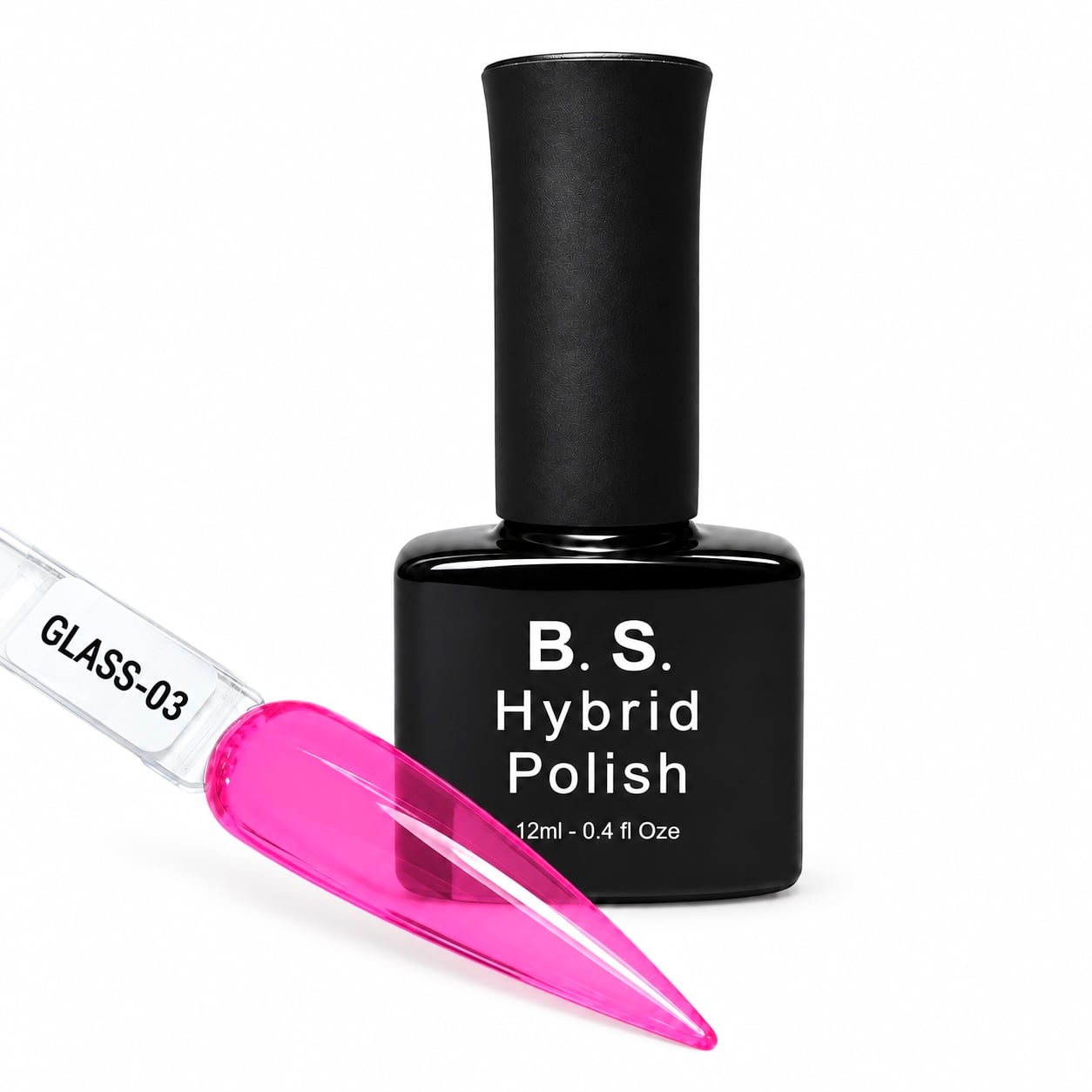 B.S. Hybrid Polish Glass-03, διάφανο φούξια ημιμόνιμο βερνίκι 12 ml με βαμμένο δείγμα νυχιού