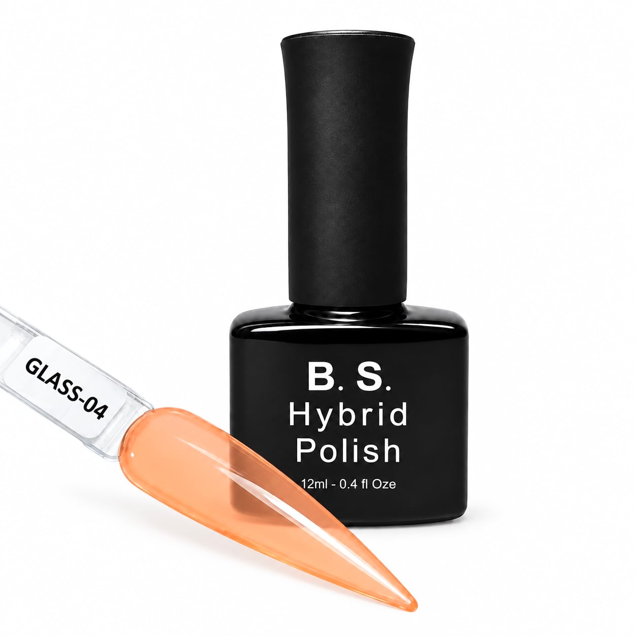 B.S. Hybrid Polish Glass-04, διάφανο πορτοκαλί ημιμόνιμο βερνίκι 12 ml με βαμμένο δείγμα νυχιού